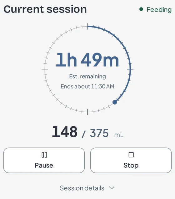 Current feed session with time remaining, volume delivered, and Pause and Stop controls