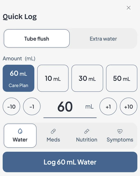 Quick Log set to Tube flush, with 60 mL chosen from the Care Plan preset and a Log 60 mL Water button
