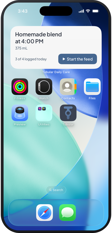 iPhone Home Screen with the Tubular Next care widget: Homemade blend at 4:00 PM, 375 mL, 3 of 4 logged today, and a Start the feed button