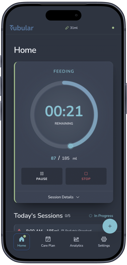 Tubular Daily Care showing an active feeding session with timing and volume details