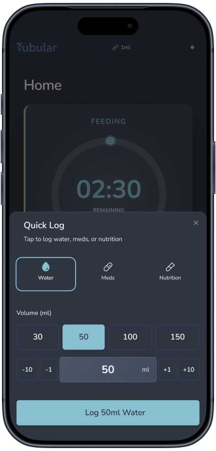 Tubular Quick Log sheet for water, medication, and nutrition entries