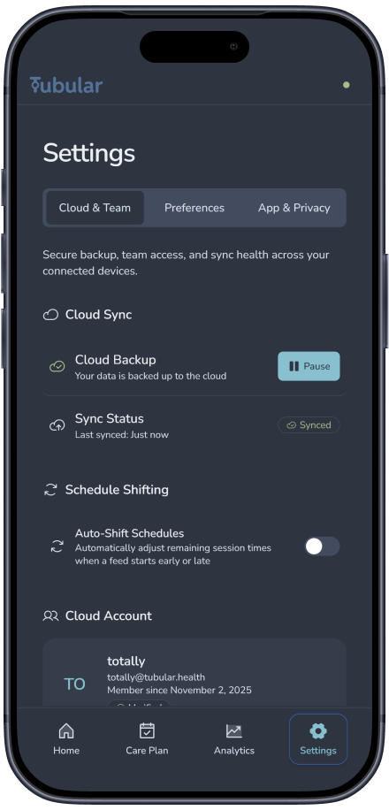 Tubular settings showing Cloud & Team synced status and team members