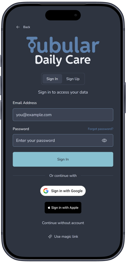 Tubular sign in screen with email, password, and Continue without account options